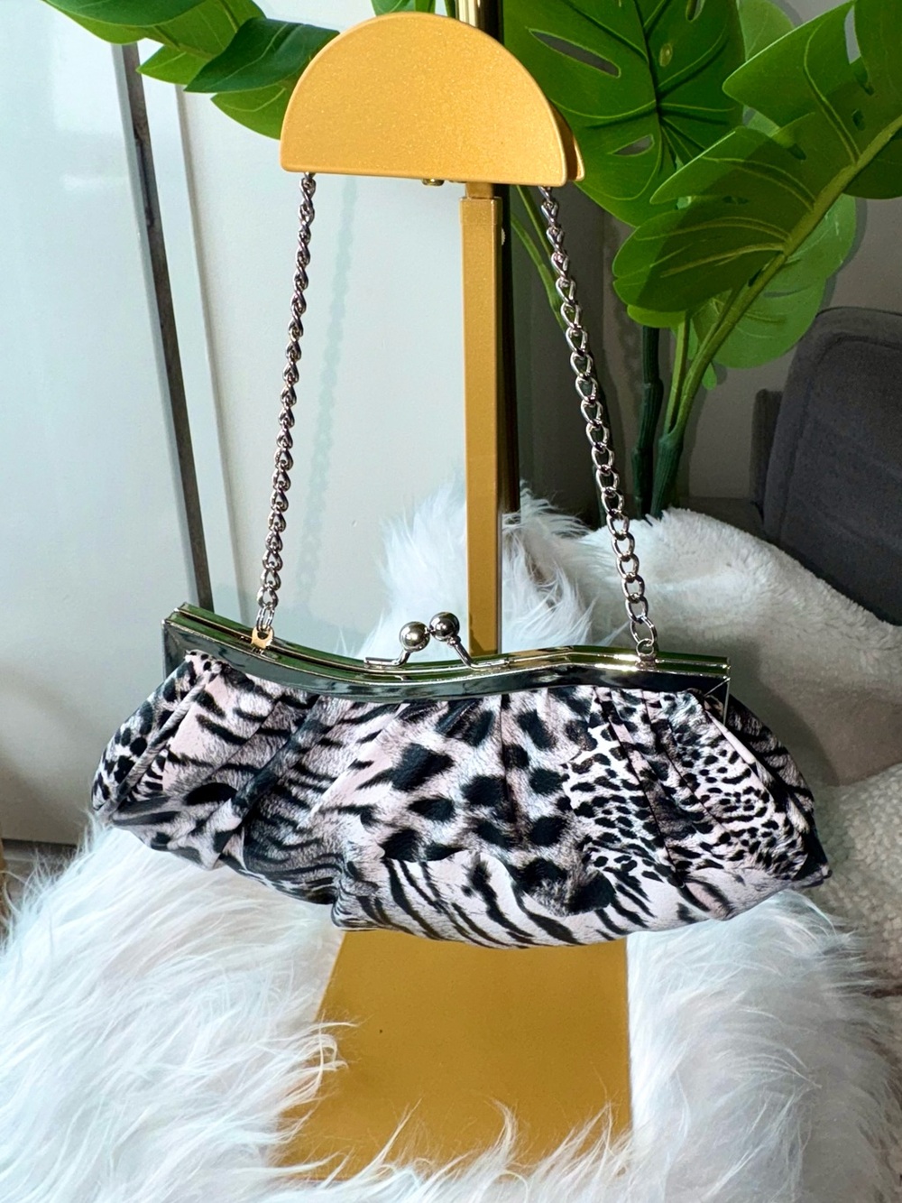 Vintage Y2K Animal Print Kiss Lock Chain Shoulder Bag Clutch